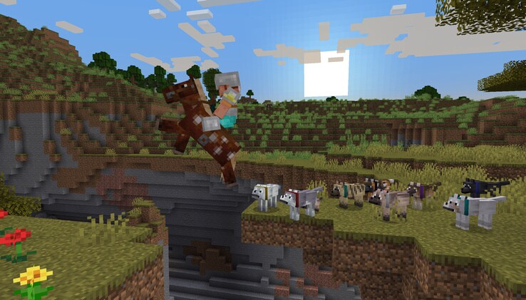 Ari is jumping over a ravine in a Savanna on a brown Horse with white spots. A big pack Tamed Wolves of different variants is following them.