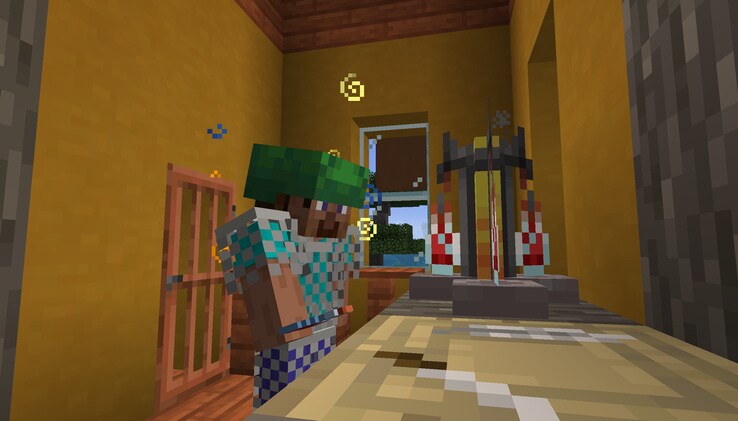 Steve is experimenting with different potion effects in a Savanna Village hut. Potion effect particles of different colors are visible around them.