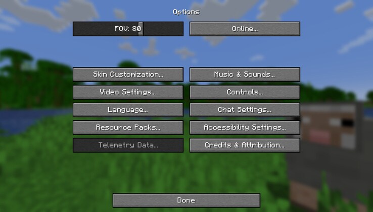 An updated Minecraft options screen with a new transparent background. The game world is blurred but visible behind the menu elements. A grey sheep is looking at the player.