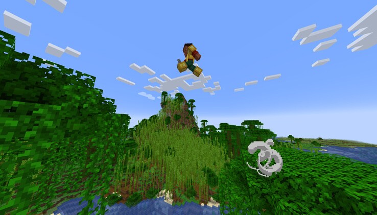 Noor is jumping from one tall Jungle tree to another using a Wind Charge to launch themselves high into the air. There is a mountain overgrown with Bamboo Forest in the background.