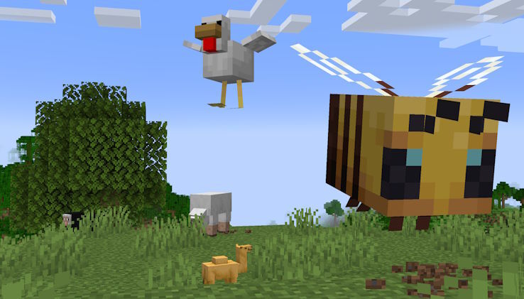 A tiny Camel is looking at a very large Bee that flies towards the camera. In the background a giant Chicken is falling right above a regularly-sized Sheep.