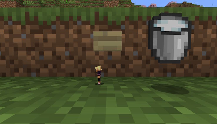 A tiny Kai, roughly 2 pixels tall, is standing next to a Birch Button and staring up towards a normal (but relatively giant) Milk Bucket item.