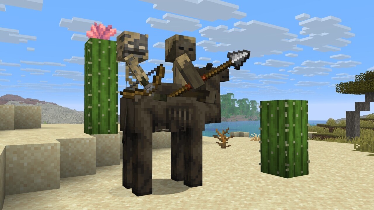 A husk holding a spear and a parched holding a bow riding a camel husk in the desert, next to cacti.