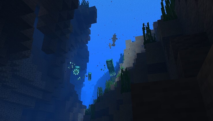 From under the water, looking up towards the sky through a ravine we can see baby glow squids and baby dolphins swimming around.