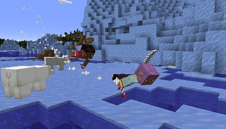 Zuri and Efe flying by some polar bears just above the Ice with fireworks in their hands. Zuri and Eve are both wearing custom items on their heads that enable them to fly, a potato and a feather.