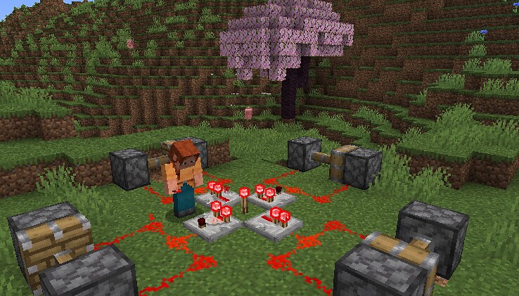 Ari is testing the experimental Redstone changes, standing in the middle of a machine comprised of four sets of two pistons each facing each other. The leftmost piston according to the power source of the two is always extending regardless of orientation.