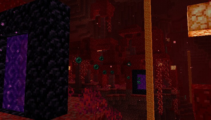 A stream of Ender Pearls flying between two nether portals in a crimson forest in the nether.