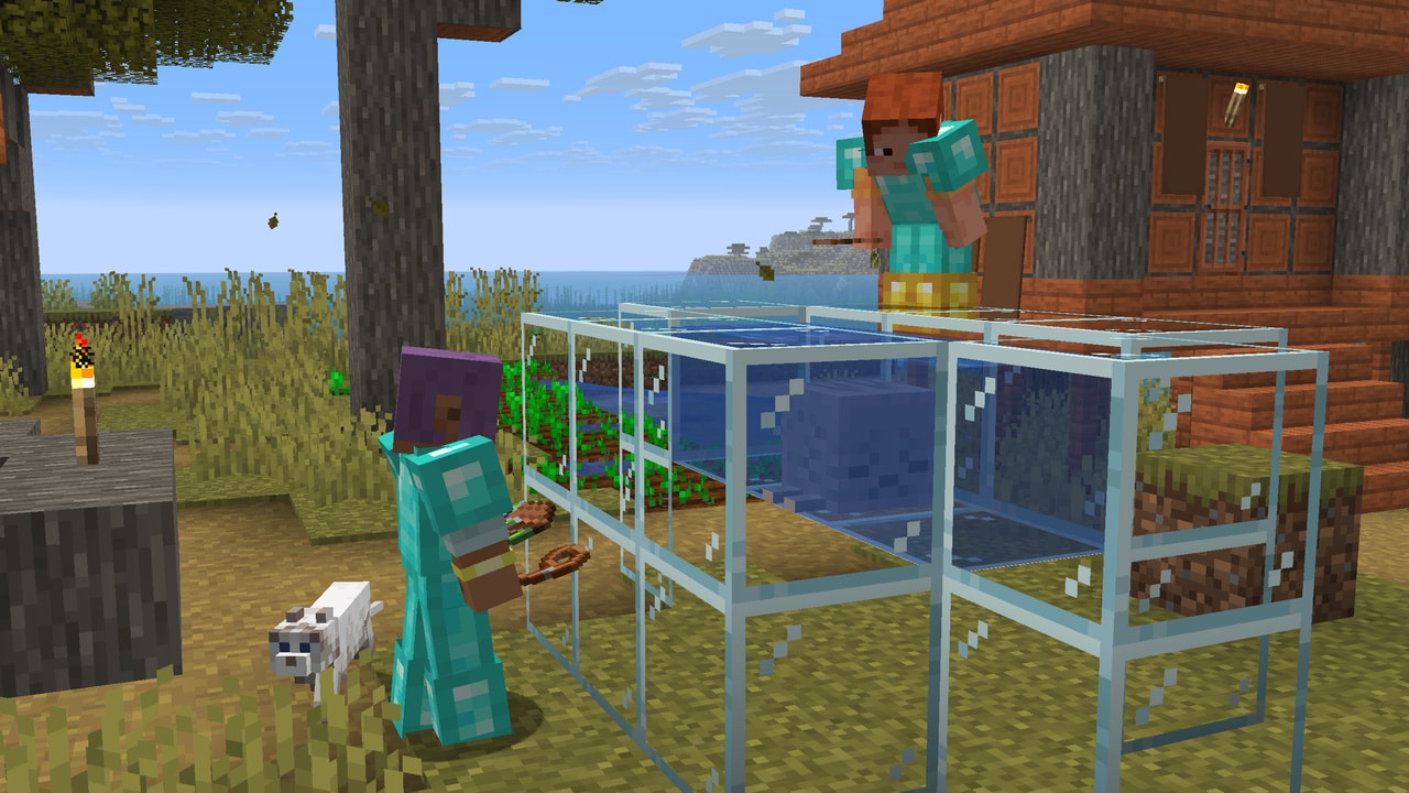 A Dried Ghast block underneath a Nether Fossil in a Soul Sand Valley. In the background two players are battling angry Ghasts.