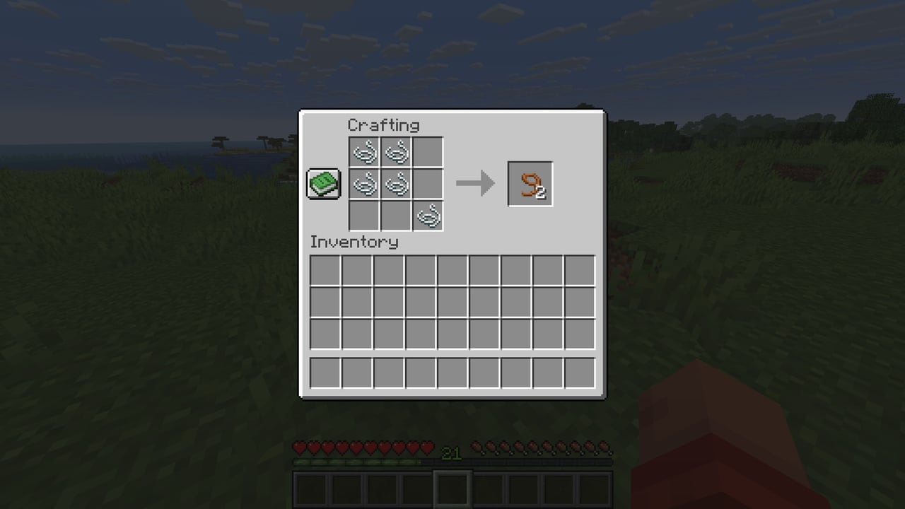 Player crafting two Leads using the new changed recipe using only five Strings.