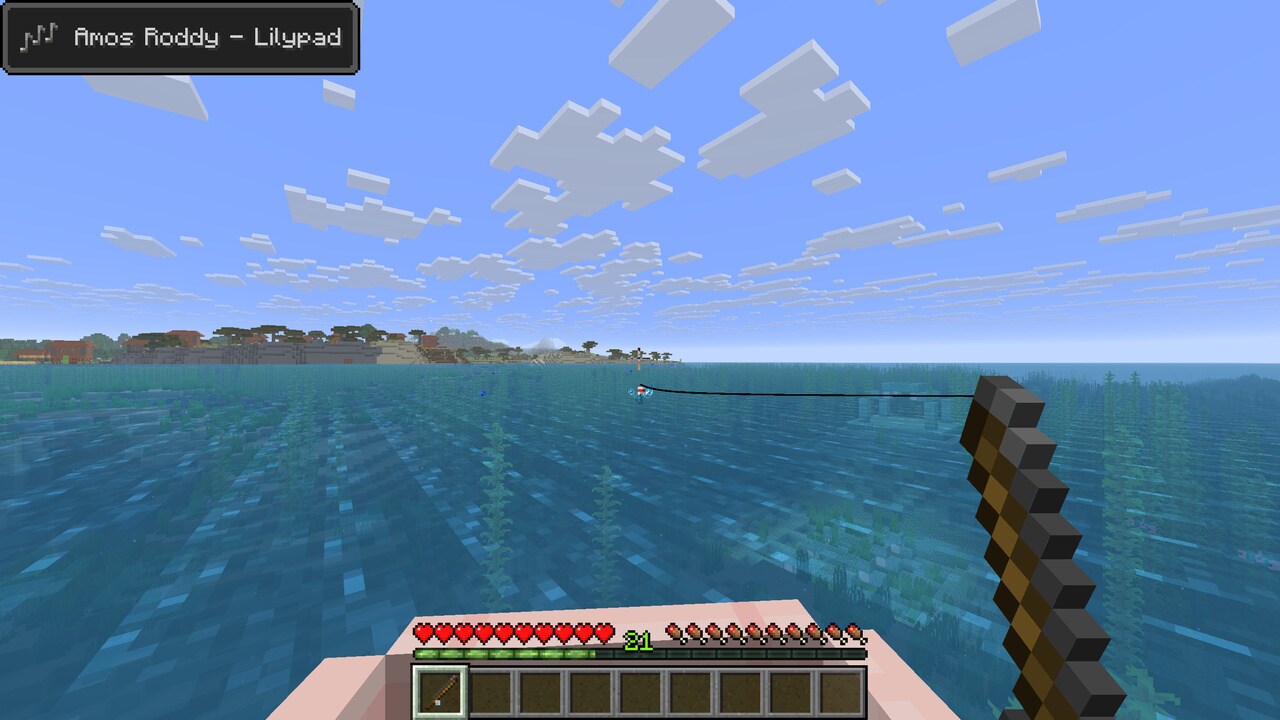 Player harmoniously fishing in the open ocean. A Music Toast shows them listening to "Amos Roddy - Lilypad".
