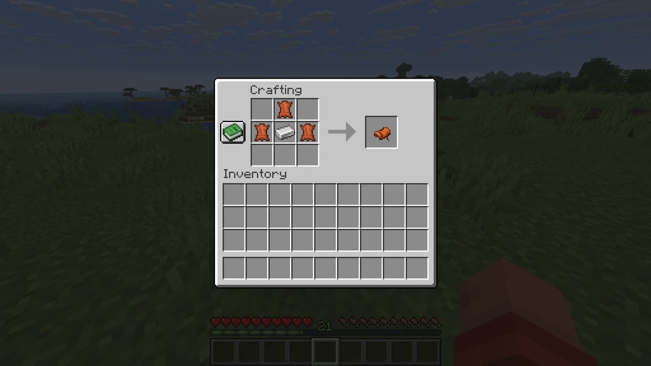 Player crafting a Saddle using the new recipe using three Leather and one Iron Ingot.