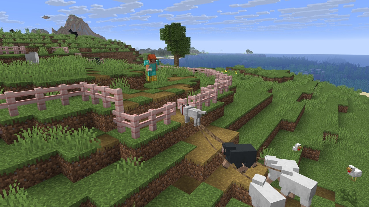 A tamed Wolf is leading a small heard of Sheep with leads. They are being led into a small Cherry Blossom pen.