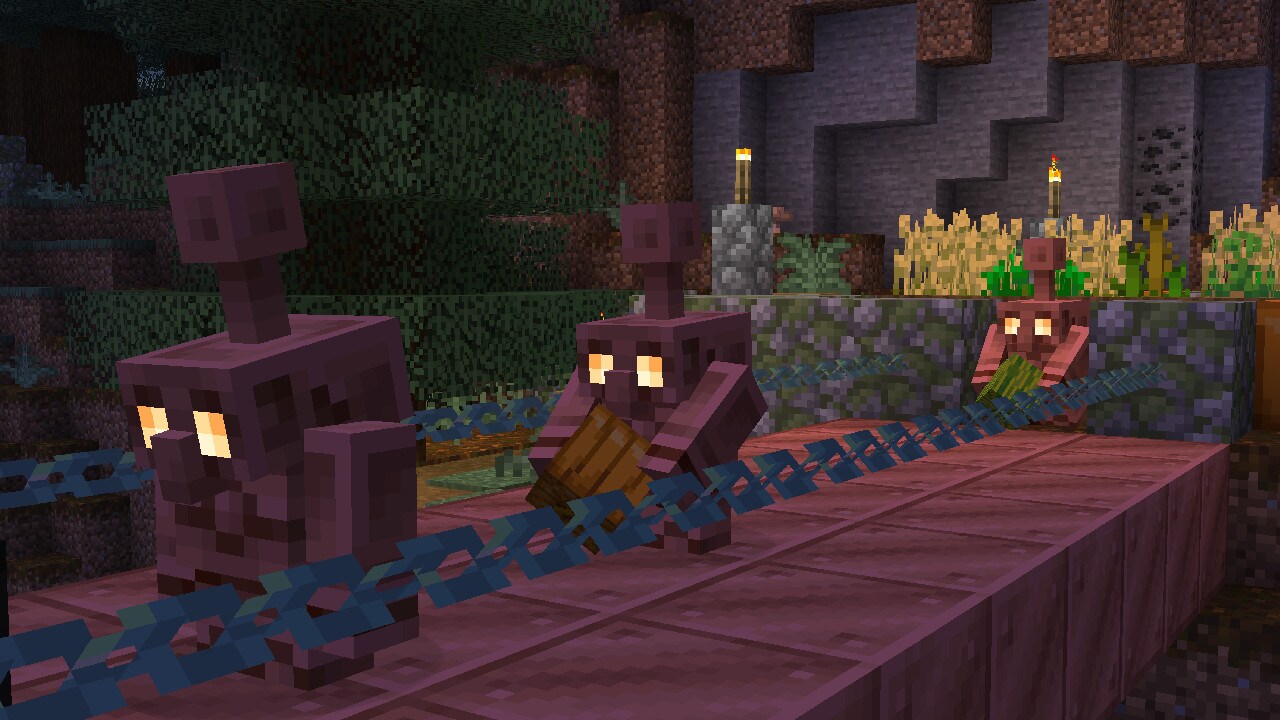 Three Copper Golems are crossing a bridge built out of copper. Two of the golems are transporting items.