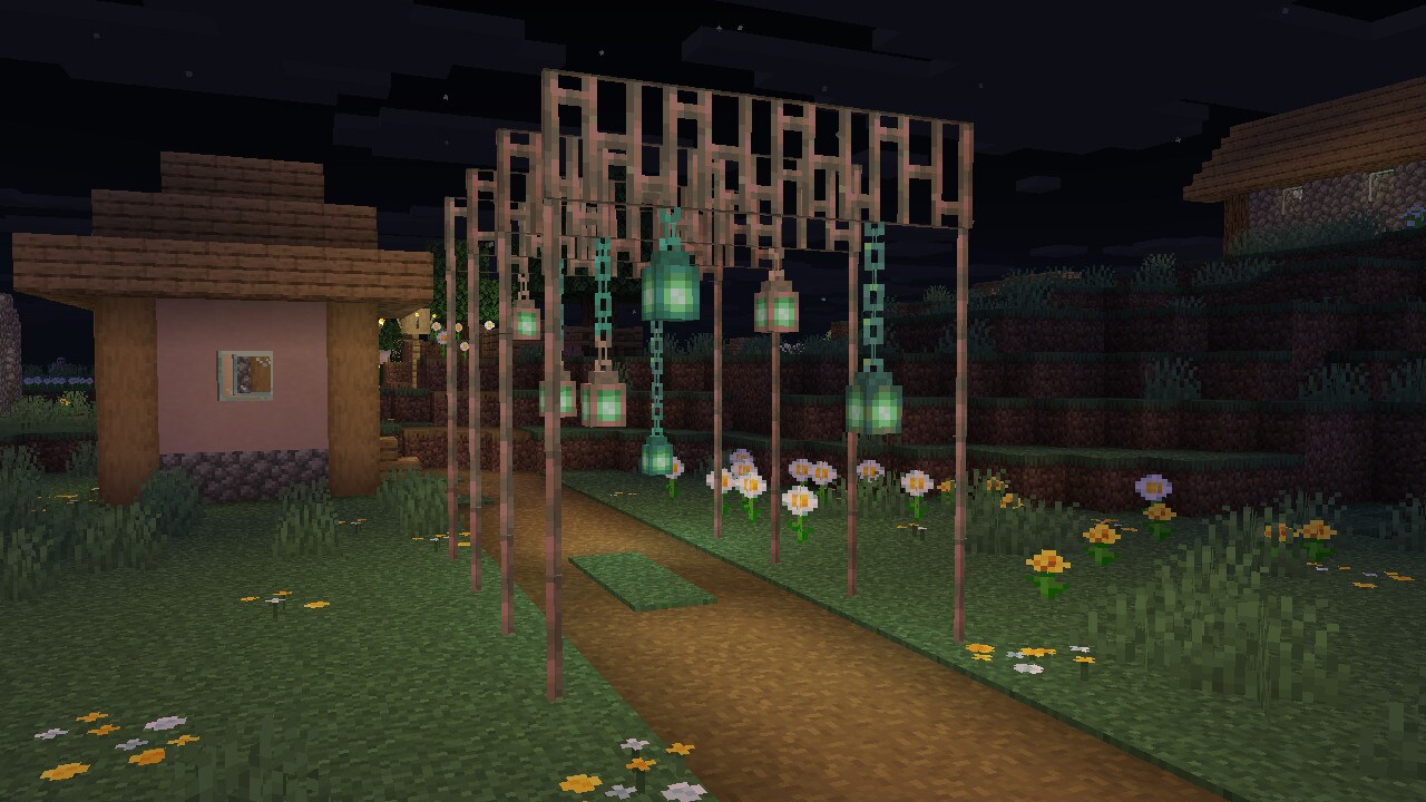 An entrance to a village, made out of Copper Bars and Lanterns.