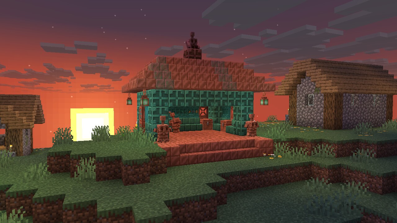 A house made out of various Copper blocks, with some Copper Golem Statues in various poses