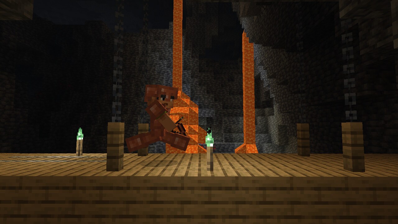 Sunny can be seen running across a mineshaft bridge, placing down Copper Torches along their way.