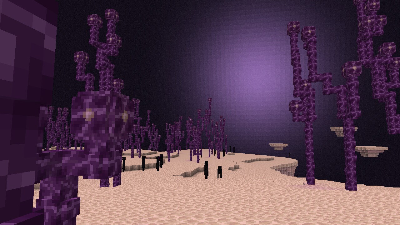 A purple flash of light can be seen in the sky of The End.