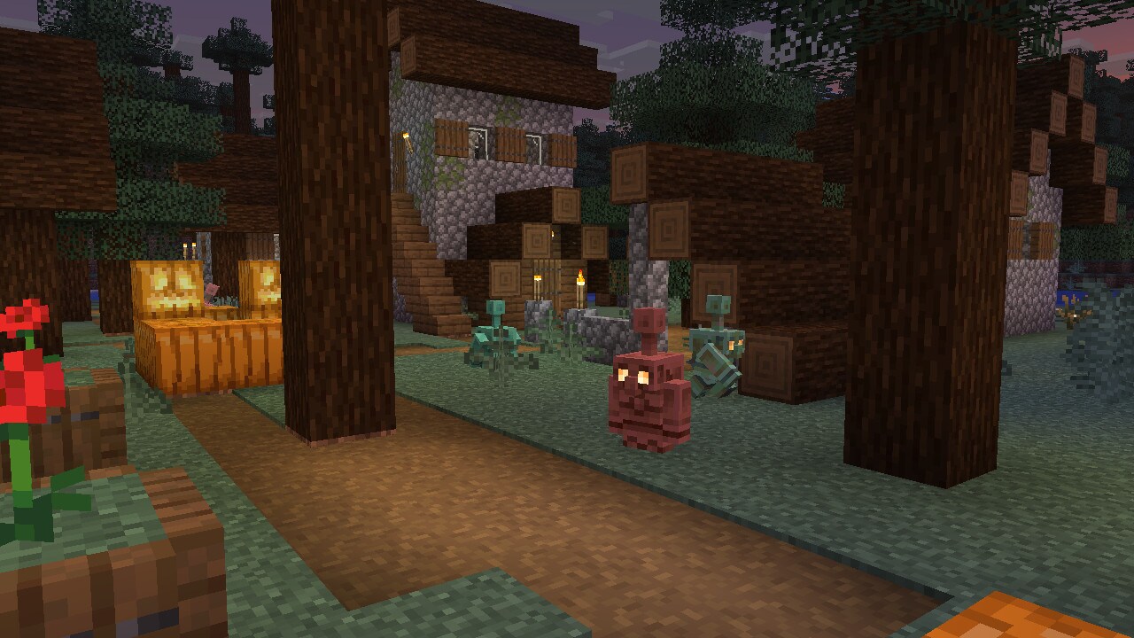 A trio of Copper Golems hanging out in a Taiga Village.