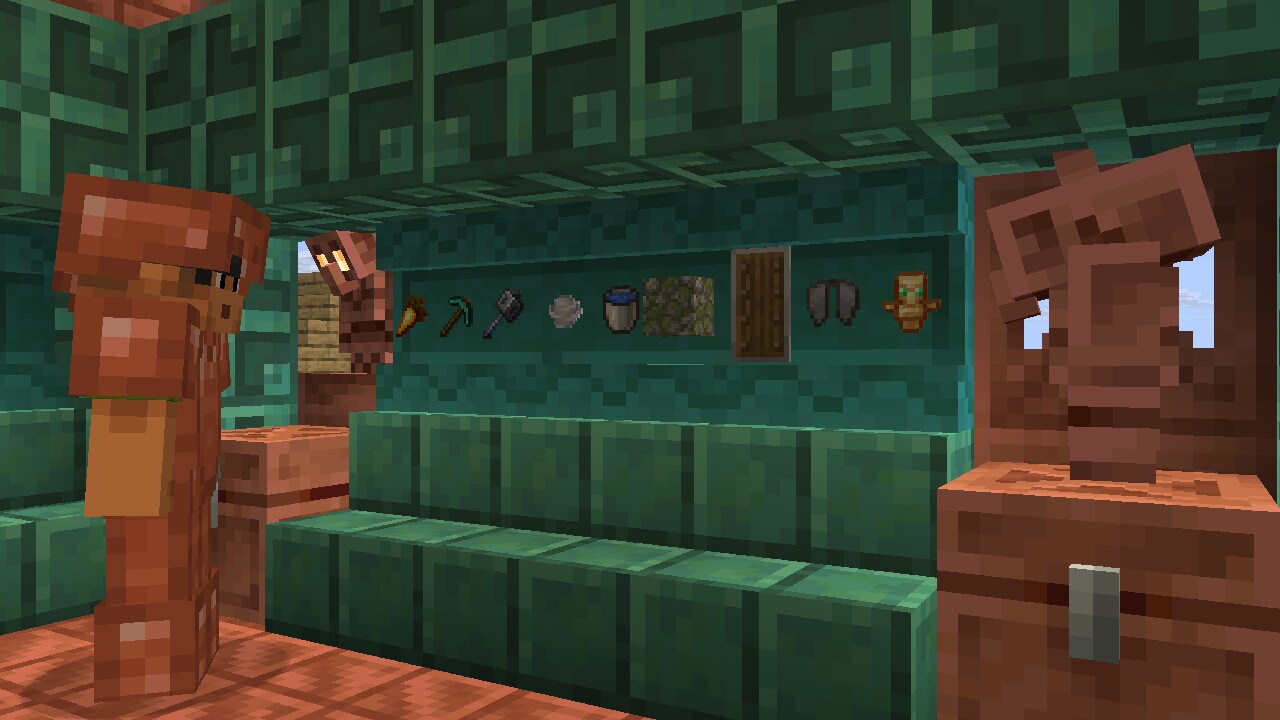 Sunny in Copper armor standing in front of some Redstone-powered Shelves