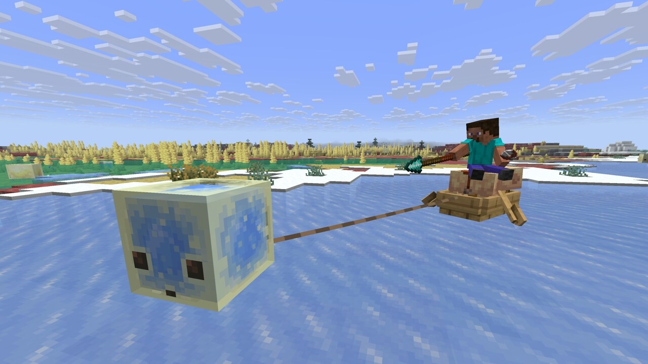 Steve is riding a Pig in a Boat leashed to a Blue Ice absorbed Sulfur Cube, holding a Diamond Spear.