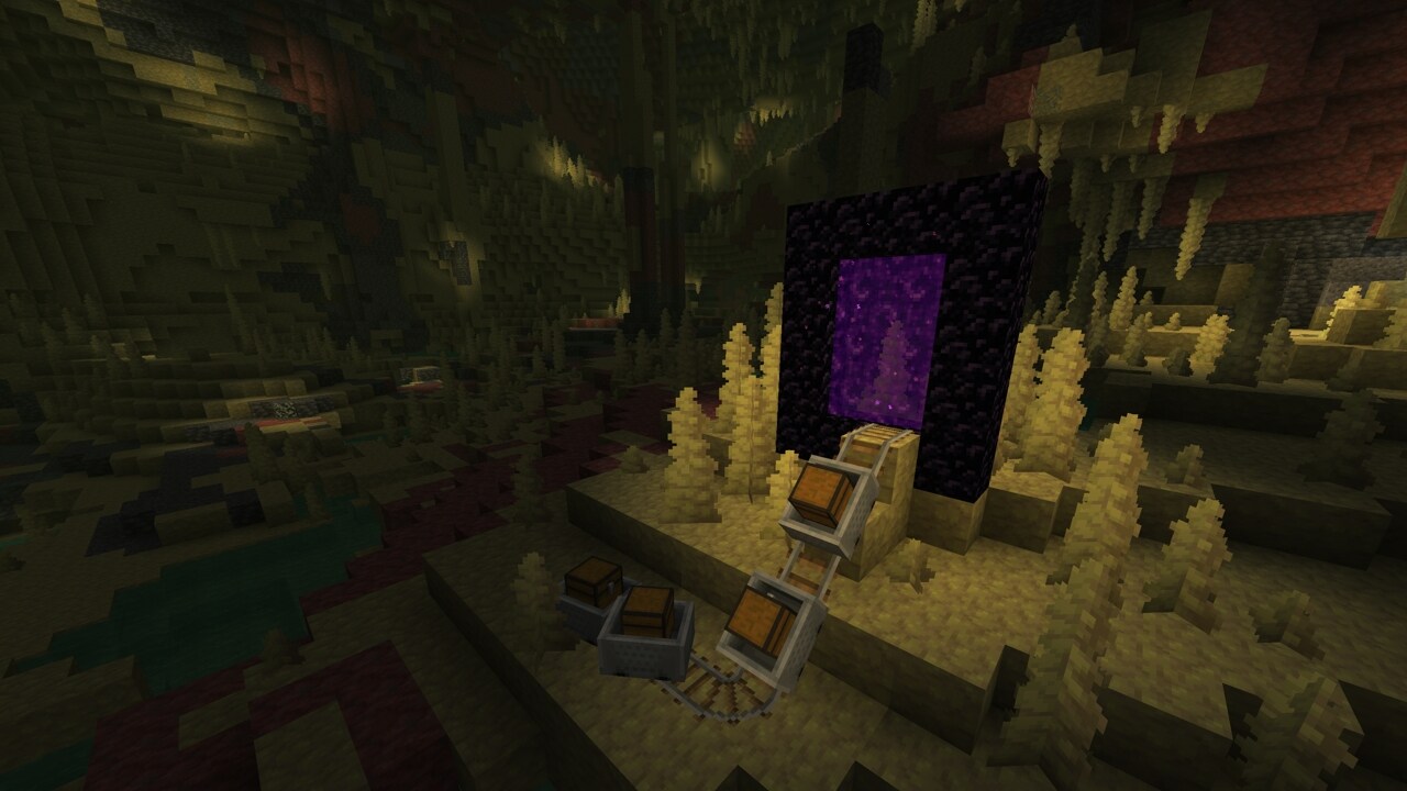 Four Minecart with Chests are being pulled from a Nether Portal in a Sulfur Cave Biome.