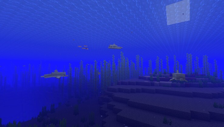 An underwater view of a school of Cod and a few Dolphins swimming around.