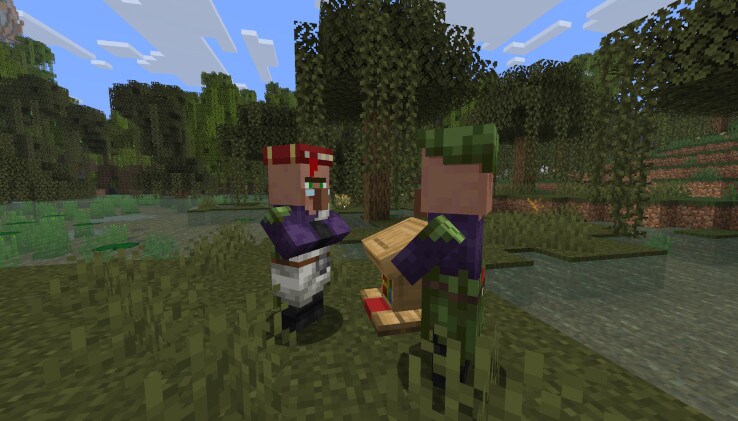 A Swamp Librarian and an unemployed Swamp Villager are looking at each other in front of a Lectern in a Swamp.