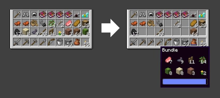 Screenshots of an inventory with no empty slots and then the same inventory with 8 empty slots because some incomplete stacks have moved inside a Bundle.