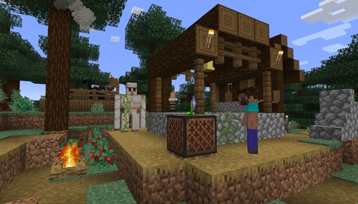 Steve is playing around with a Jukebox in the center of a Village. A Nether Star can be seen on top of the Jukebox, suggesting that Steve has used custom data to vibe out to songs that he likes.