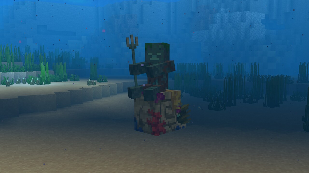A drowned riding a coral zombie nautilus in the water.