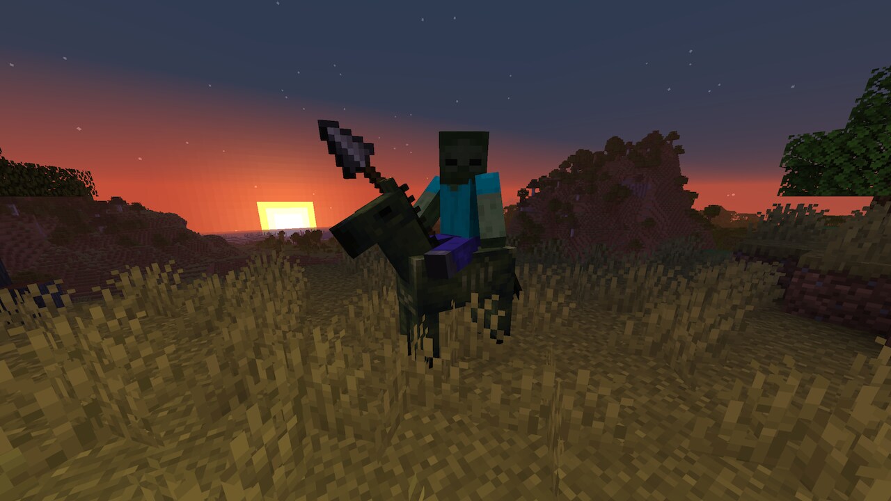 A zombie holding a spear riding a zombie horse, with sunset in the background.